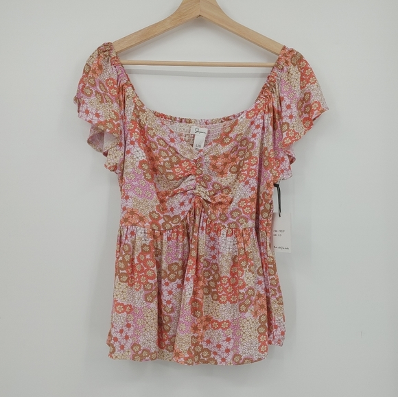 Japna Tops - Japna Floral Ruched Peasant Blouse
